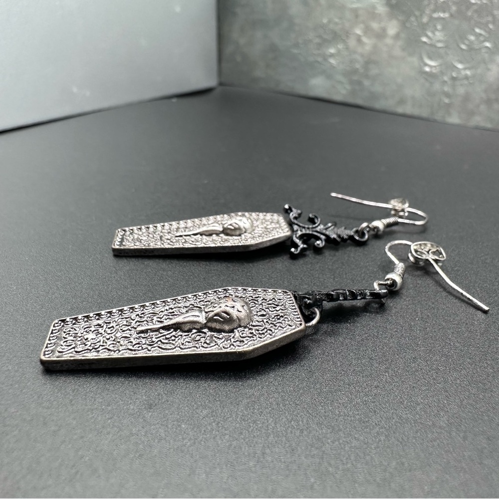 Gothic Coffin Dangle Earrings in Silver and Black - Picture 2 of 6